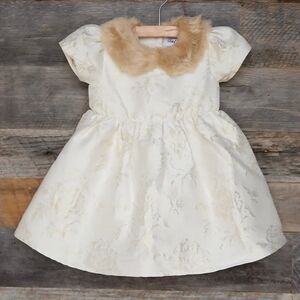 NWT Cracker Barrel Ivory Floral Dress with Tan Faux Fur Collar